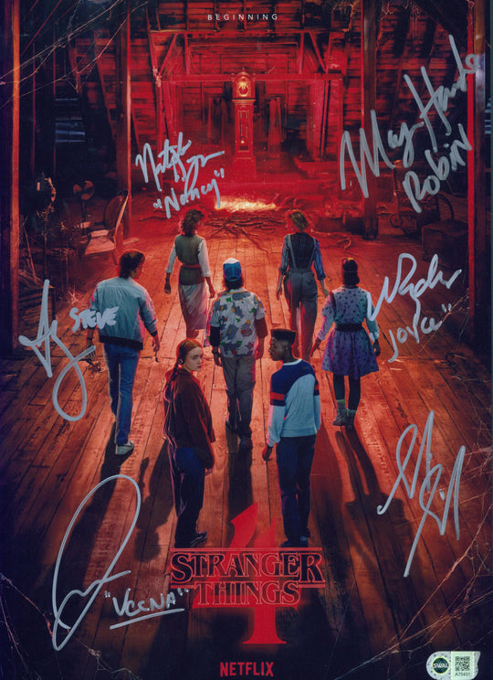 Winona Ryder, Maya Hawke, Joe Keery, Sadie Sink, Jamie Campbell Bowers & Natalia Dyer Signed 11x17 Photo - SWAU Authenticated