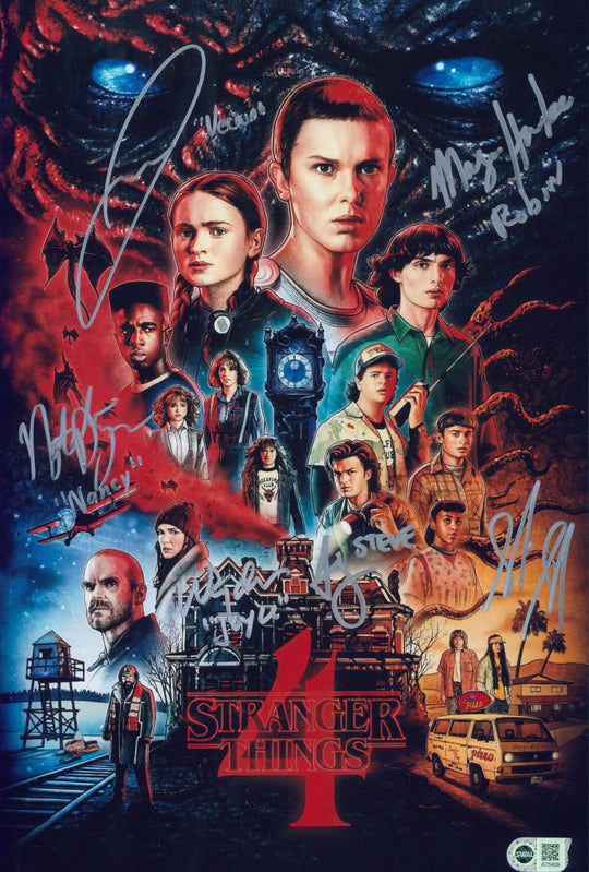 Winona Ryder, Maya Hawke, Joe Keery, Sadie Sink, Jamie Campbell Bowers & Natalia Dyer Signed 11x17 Photo - SWAU Authenticated